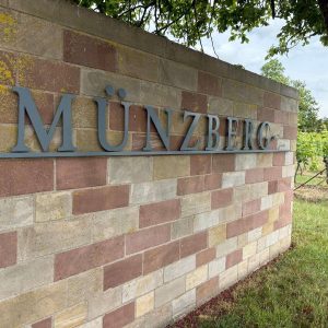 WhatsApp Image 2025 06 10 At 14.21.44 (1) Weingut Münzberg – Eingangsbereich mit stilvollem Namensschild an der Natursteinmauer in der Südpfalz